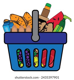 Shopping basket with grocery items flat colorful illustration.