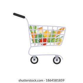 Shopping basket. Grocery purchases, trolley cart with products. Natural food, organic fruits and vegetable. Department store goods. Cartoon flat vector illustration isolated on white background