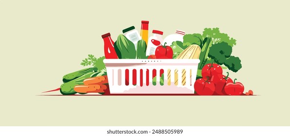 Shopping basket with grocery, vector banner