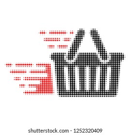 Shopping basket halftone dotted icon with fast speed effect. Vector illustration of shopping basket designed for modern abstract with symbols of speed, rush, progress, energy.
