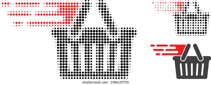 Shopping basket halftone dotted icon. Halftone array contains circle dots. Vector illustration of shopping basket icon on a white background.