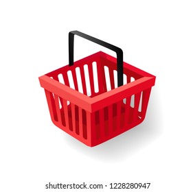 Shopping basket with handle, supermarket item, buy and purchase. Container for products, shop or grocery store equipment vector illustration isolated