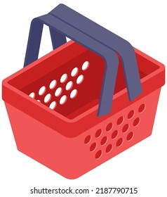 Shopping basket with handle, supermarket item. Container for products, shop or grocery store equipment. Read plastic shopping basket. Container for goods in store and carrying for purchases