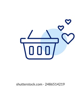 Shopping basket and hearts. Customer favorites, loyalty rewards and Valentine day romantic shopping. Pixel perfect, editable stroke icon