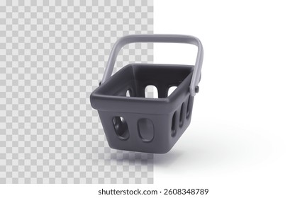 Shopping Basket Icon in 3D Style with Smooth Plastic Texture and Realistic Shadows, Ideal for E-Commerce, Retail, or Grocery Apps. Vector Illustration.