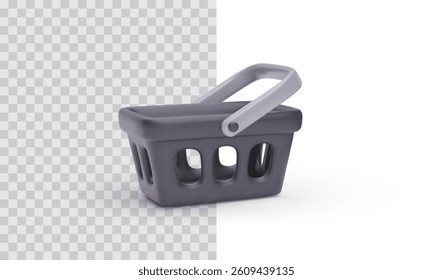 Shopping Basket Icon in 3D Style with Smooth Plastic Texture and Realistic Shadows, Ideal for E-Commerce, Retail, or Grocery Apps. Vector Illustration.
