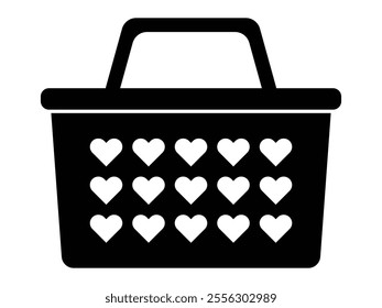 Shopping basket icon. Black shopping basket solid and flat design with heart symbol isolated on white background. Shopping cart icon market retail store buy sale shopping trolley cart. EPS 10