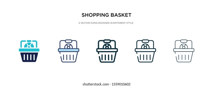 shopping basket icon in different style vector illustration. two colored and black shopping basket vector icons designed in filled, outline, line and stroke style can be used for web, mobile, ui