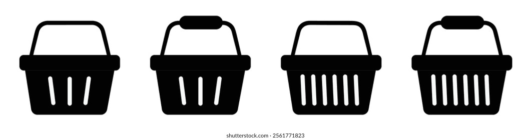 Shopping basket icon in different style vector illustration on white background. Basket icon set. shopping kozina for groceries store. Shop cart, bag, online purchase, retail vector.   