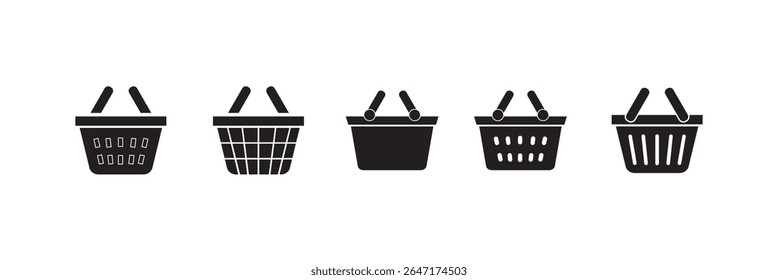 Shopping basket icon in different style vector illustration on white background. Basket icon set. shopping kozina for groceries store. Shop cart, bag, online purchase, retail vector.