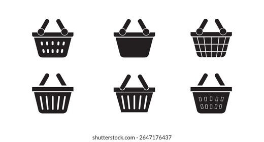 Shopping basket icon in different style vector illustration on white background. Basket icon set. shopping kozina for groceries store. Shop cart, bag, online purchase, retail vector.