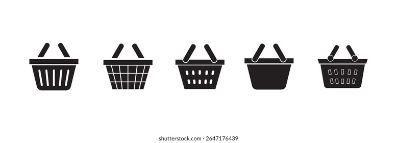 Shopping basket icon in different style vector illustration on white background. Basket icon set. shopping kozina for groceries store. Shop cart, bag, online purchase, retail vector.