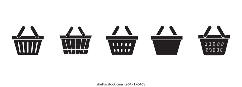 Shopping basket icon in different style vector illustration on white background. Basket icon set. shopping kozina for groceries store. Shop cart, bag, online purchase, retail vector.