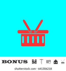 Shopping basket icon flat. Red pictogram on blue background. Vector illustration symbol and bonus buttons Music center, corkscrew, credit card, house, drum