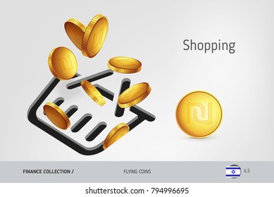 Shopping basket icon with flying Israeli New Shekel coins, finance concept. Vector illustration for print, websites, web design, mobile app, infographics.