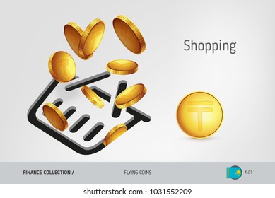Shopping basket icon with flying Kazakhstani Tenge coins, finance concept. Vector illustration for print, websites, web design, mobile app, infographics.