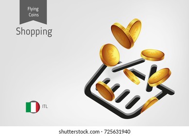 Shopping basket icon with flying Lira coins coins, finance concept. Vector illustration for print, websites, web design, mobile app, infographics.