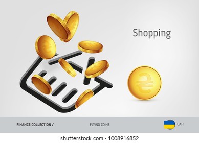 Shopping basket icon with flying Ukrainian Hryvnia coins, finance concept. Vector illustration for print, websites, web design, mobile app, infographics.