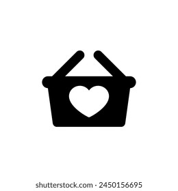 Shopping basket icon with heart symbol. Vector silhouette. 