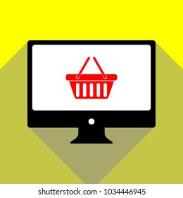 Shopping basket icon illustration. Vector. Red icon on white monitor of black all-in-one desktop computer with two shadows at yellow background.