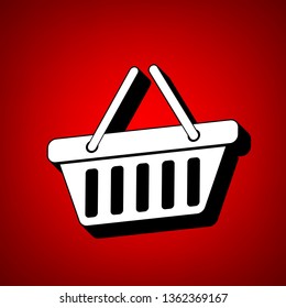 Shopping basket icon illustration. Vector. Perspective view of white icon with black outline at reddish background.