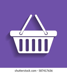 Shopping basket icon illustration. Vector. White icon with soft shadow on grape violet background.