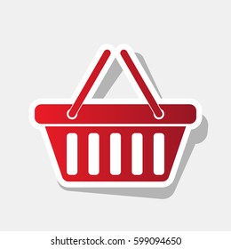 Shopping basket icon illustration. Vector. New year reddish icon with outside stroke and gray shadow on light gray background.