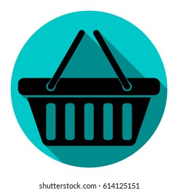 Shopping basket icon illustration. Vector. Flat black icon with flat shadow on royal yellow circle with white background. Isolated.
