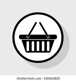 Shopping basket icon illustration. Vector. Flat black icon in white circle with shadow at gray background.