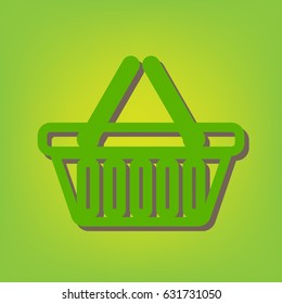 Shopping basket icon illustration. Vector. Green line icon with brown shadow at green-yellow background.