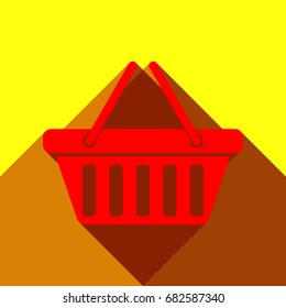 Shopping basket icon illustration. Vector. Red icon with two flat reddish shadows on yellow background.