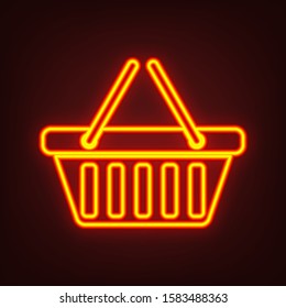 Shopping basket icon illustration. Yellow, orange, red neon icon at dark reddish background. Illumination. Illustration.