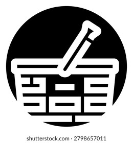 Shopping basket icon inside a solid black circle, minimalist pictogram representing retail, e commerce, purchasing, commerce, online shopping, store transactions, and webapp design elements