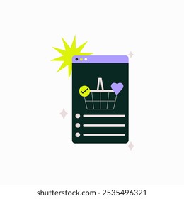 Shopping basket icon on mobile screen with a heart and checklist in flat vector illustration symbolizing e commerce, wishlist, and online shopping, isolated on white background.