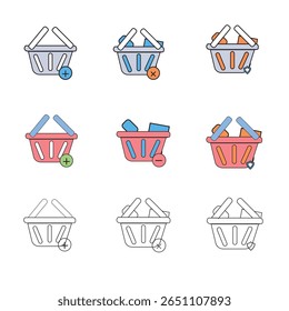 Shopping Basket Icon Set – Add to Cart, Remove, Secure Purchase – Flat Outline Style