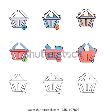 Shopping Basket Icon Set – Add to Cart, Remove, Secure Purchase – Flat Outline Style
