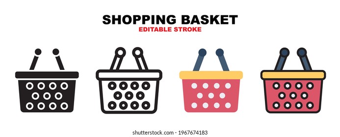 Shopping Basket icon set with different styles. Icons designed in filled, outline, flat, glyph and line colored. Editable stroke and pixel perfect. Can be used for web, mobile, ui and more.