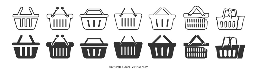 Shopping basket icon set. Flat vector illustration on transparent background