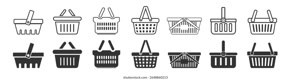 Conjunto de ícones da cesta de compras. Ilustração de vetor plano no plano de fundo transparente