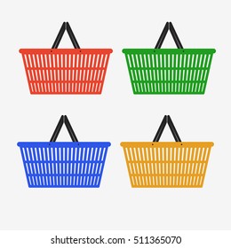 Shopping basket icon set. Flat vector illustration