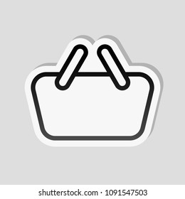 Shopping basket icon. Simple linear icon with thin outline. Sticker style with white border and simple shadow on gray background