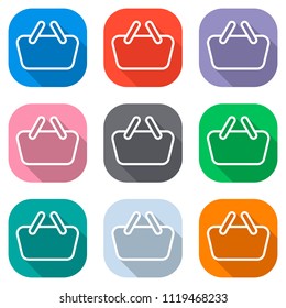 Shopping basket icon. Simple linear icon with thin outline. Set of white icons on colored squares for applications. Seamless and pattern for poster