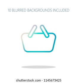 Shopping basket icon. Simple linear icon with thin outline. Colorful logo concept with simple shadow on white. 10 different blurred backgrounds included