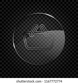 Shopping basket icon. Simple linear icon with thin outline. Icon in circle glass bubble on dark transparent grid. Glass style