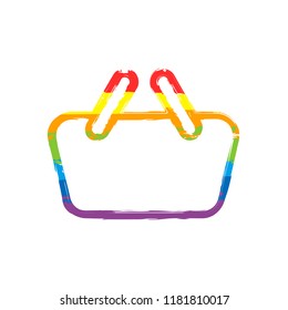 Shopping basket icon. Simple linear icon with thin outline. Drawing sign with LGBT style, seven colors of rainbow (red, orange, yellow, green, blue, indigo, violet