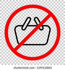 Shopping basket icon. Simple linear icon with thin outline. Not allowed, black object in red warning sign with transparent background