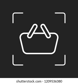 Shopping basket icon. Simple linear icon with thin outline. White object in camera autofocus on dark background