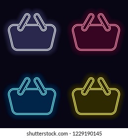 Shopping basket icon. Simple linear icon with thin outline. Set of neon sign. Casino style on dark background. Seamless pattern