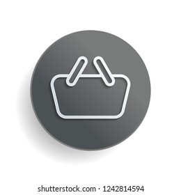 Shopping basket icon. Simple linear icon with thin outline. White paper symbol on gray round button or badge with shadow