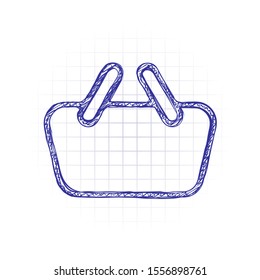 Shopping basket icon. Simple linear icon with thin outline. Hand drawn sketched picture with scribble fill. Blue ink. Doodle on white background